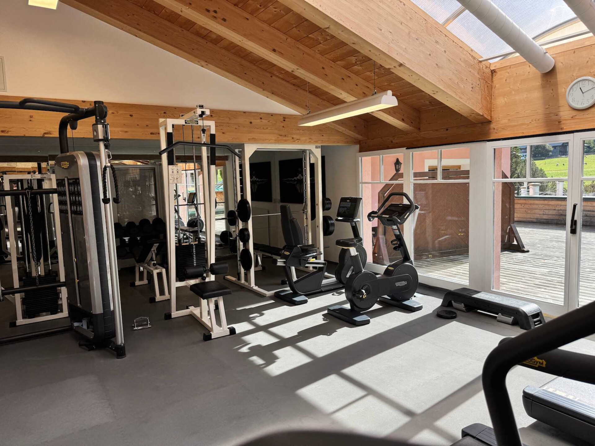 Hotel mit lichtdurchflutetem Fitnessstudio und Terrasse im Dachgeschoss. Viele Trainingsgeräte für Kraft und Cardio im ...liebes Rot-Flüh im Tannheimer Tal.